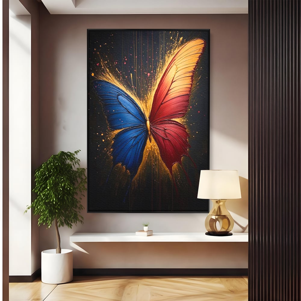 Tablou canvas cu tablou canvas cu fluture colorat, in rama de aluminiu negru